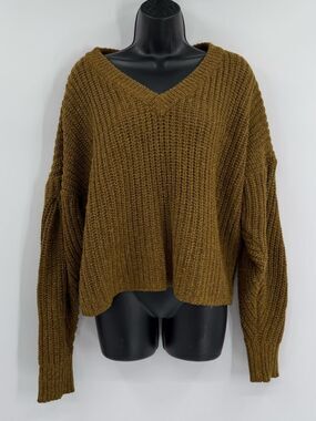 Madewell Pleat-Sleeve V-Neck Pullover Sweater | Ripened Olive | Large